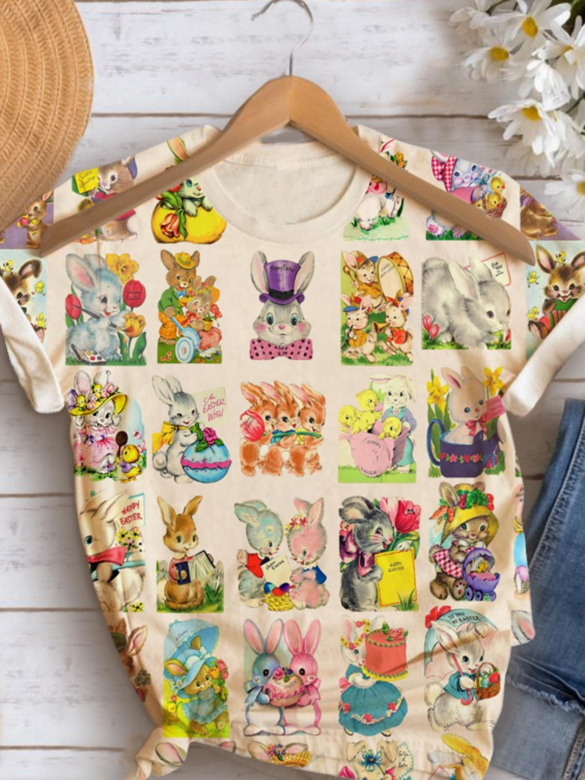 Vintage Easter Bunnies Print Crew Neck T-shirt