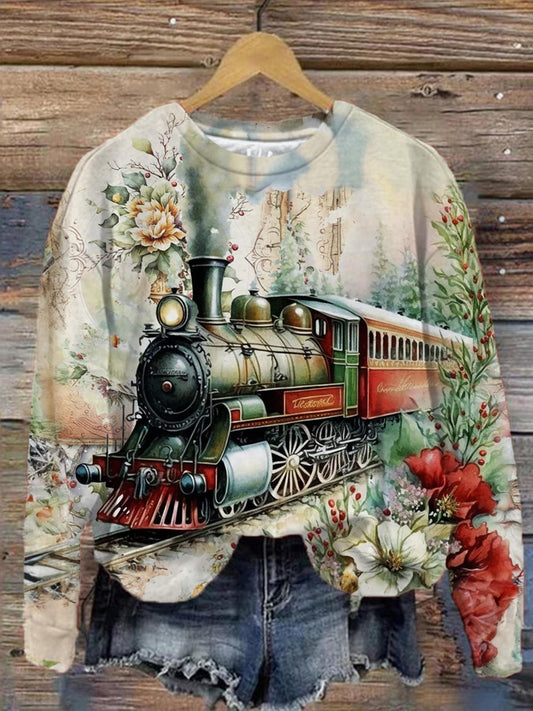 Women's Vintage Christmas Train Print Top