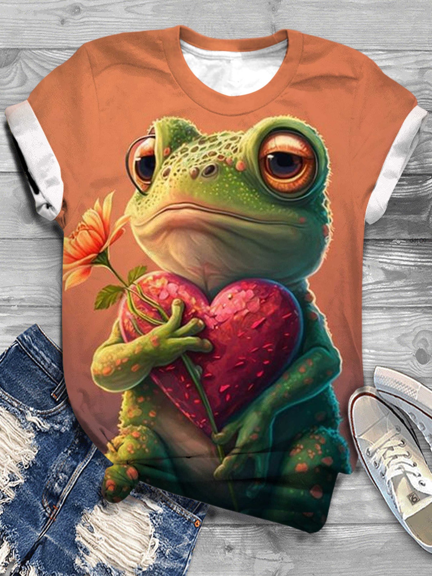 Love Frog Print Round Neck T-Shirt