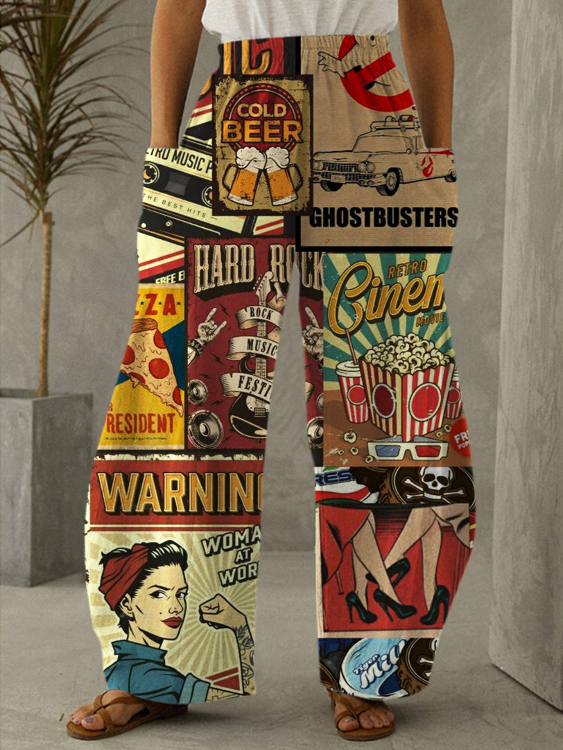 Vintage Poster Print Casual Pants