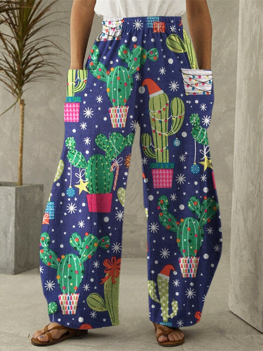 Winter Christmas Cactus Print Casual Pants