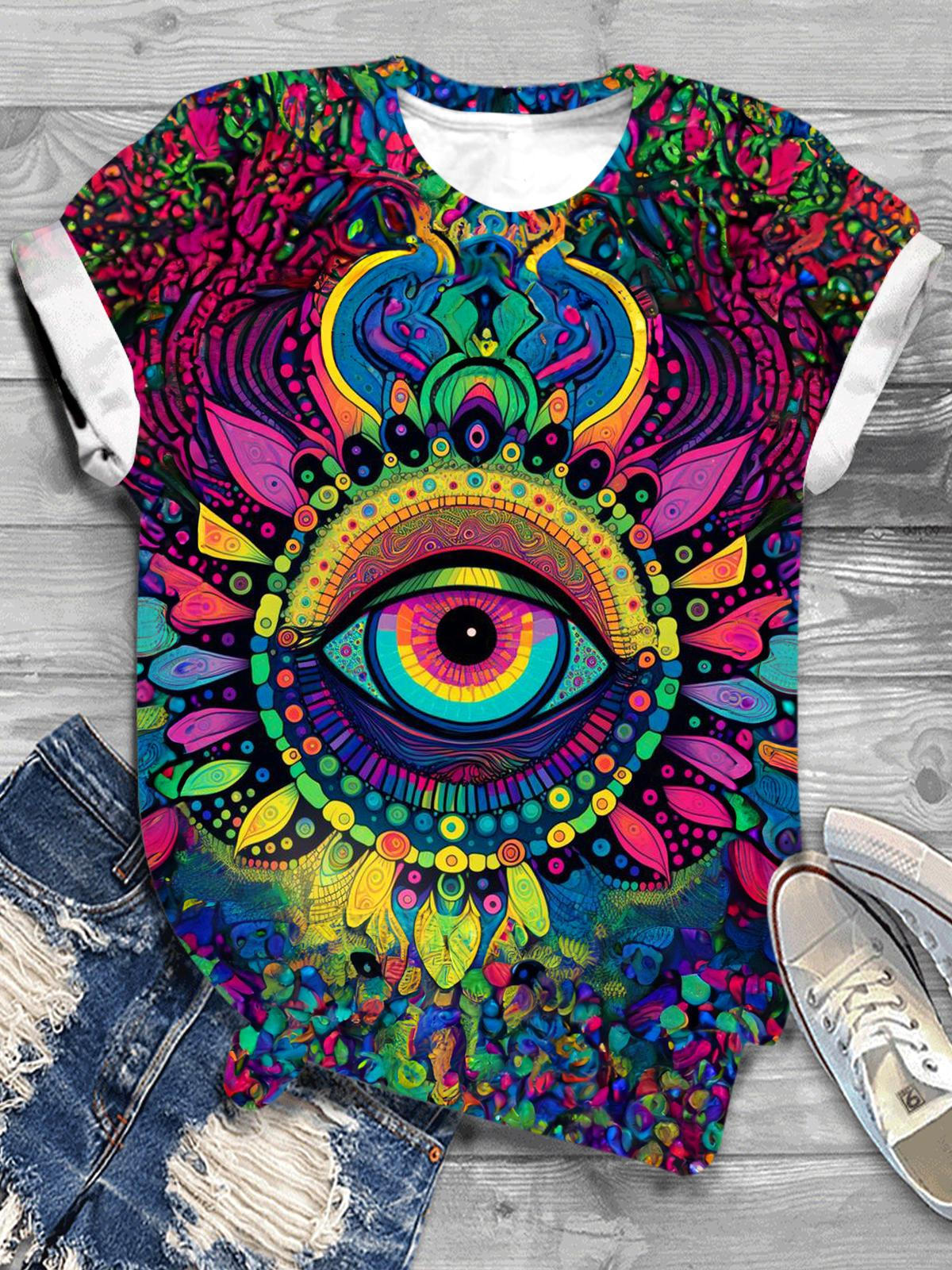 Flower Abstract Eyes Art Crew Neck T-shirt