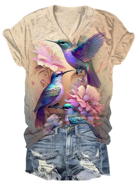 Women's V Neck Hummingbird Floral Print Lounge Top