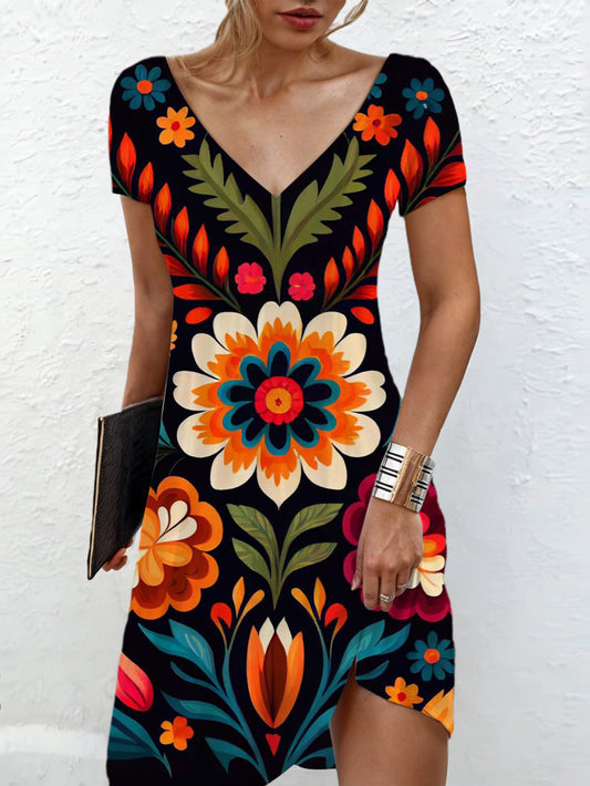 Colorful Floral Print V-neck Short Sleeves Dress