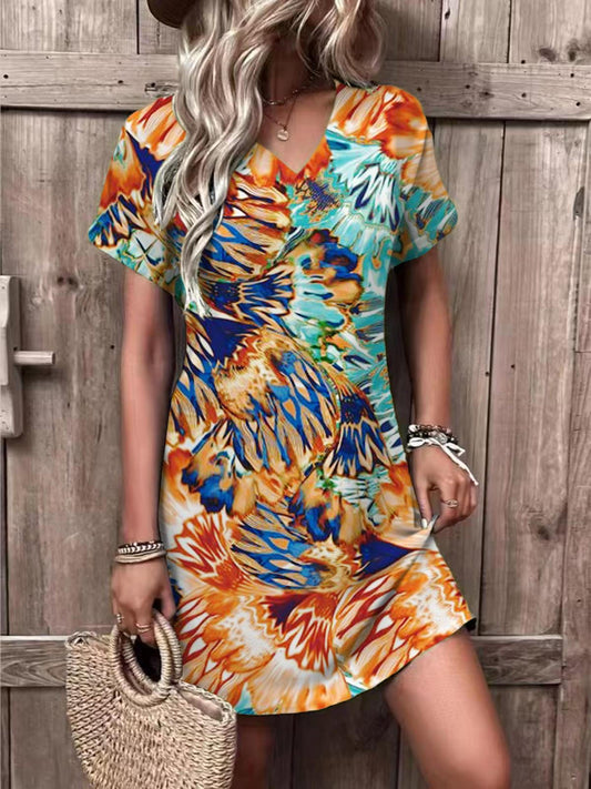 Vintage Abstract Pattern V Neck Short Sleeve Dress