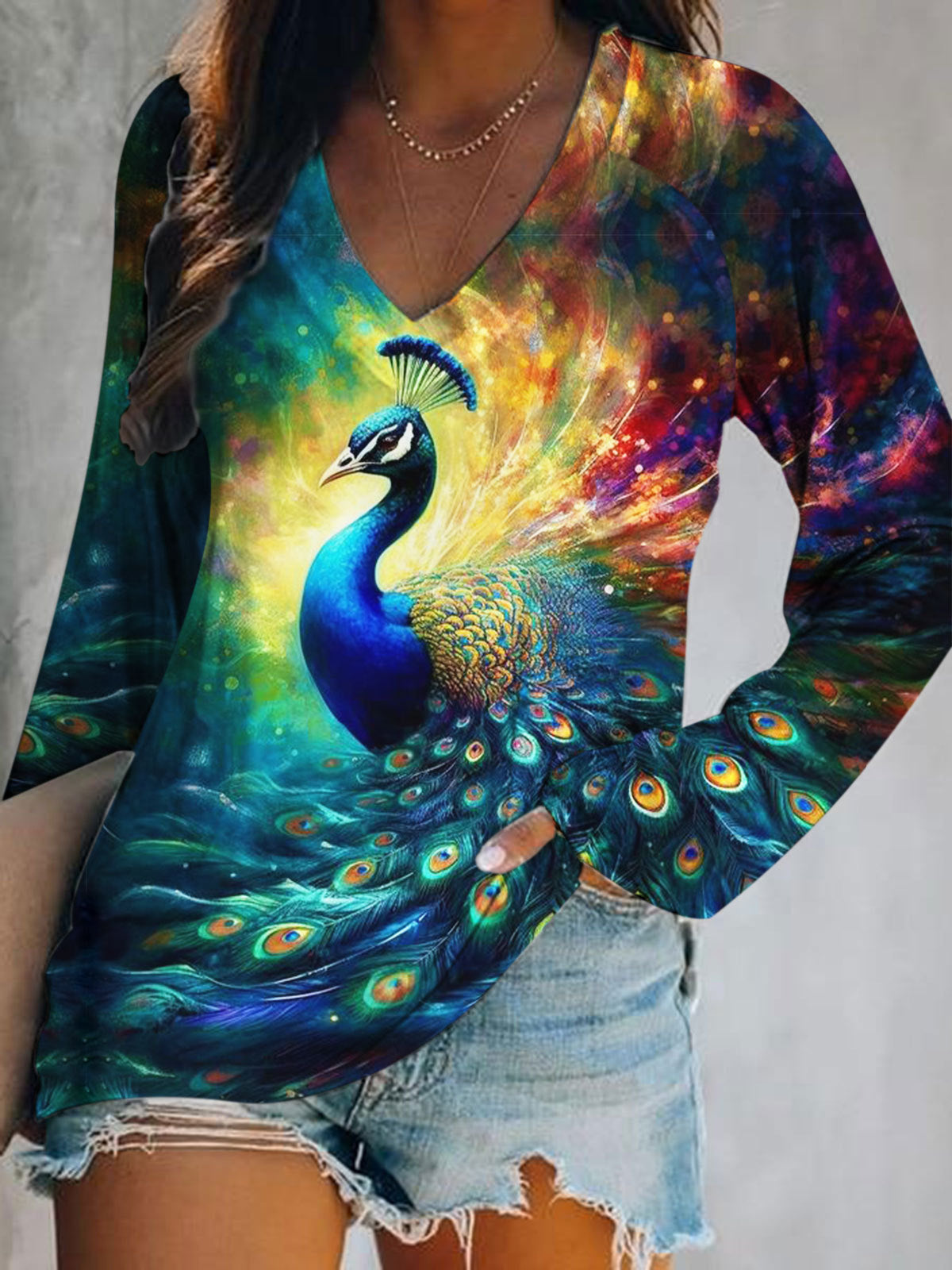 Women's Peacock Print Casual V-Neck Top