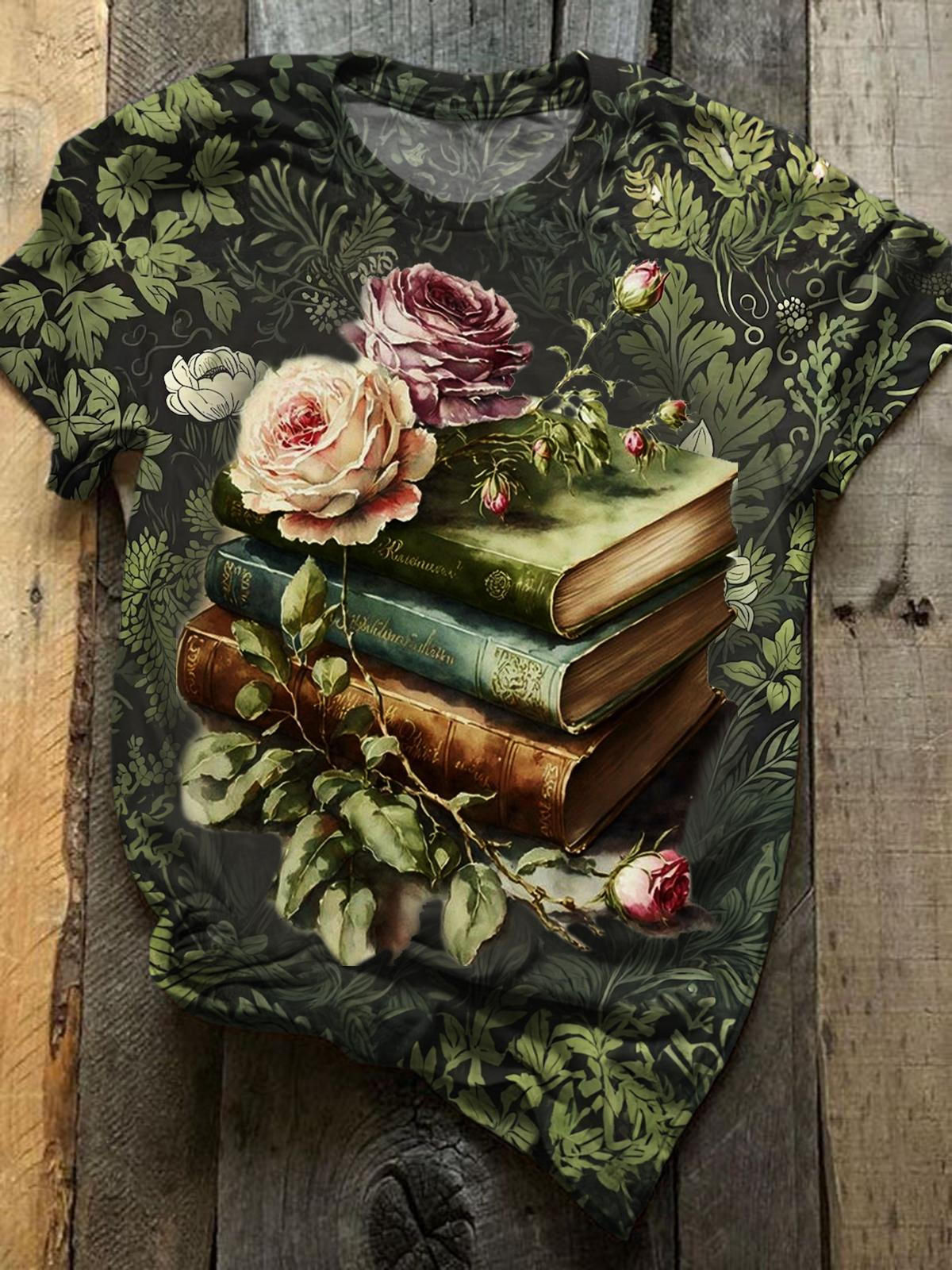 Floral Book Print Crew Neck Top