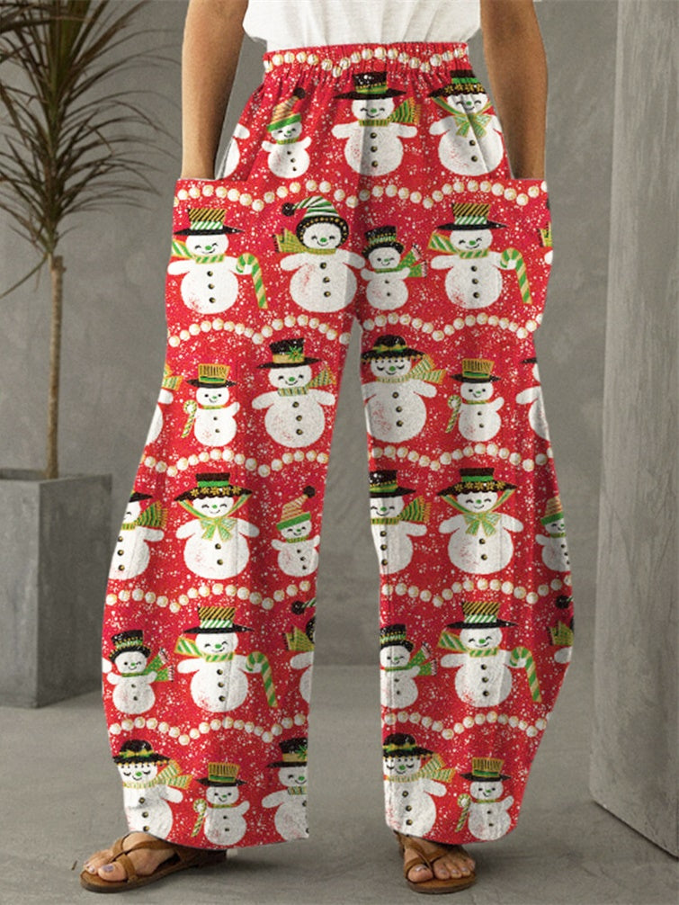 Women's Christmas Retro Snowman Print Casual Pants