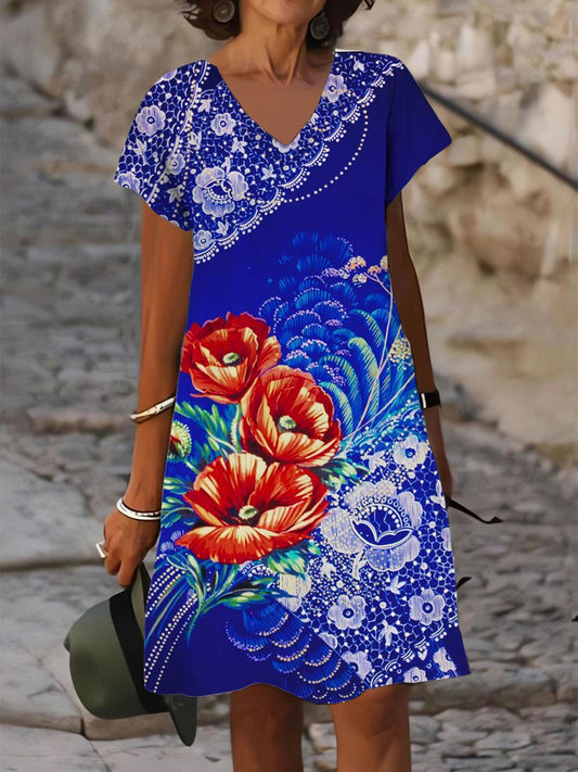 Flower V Neck Short Sleeve Dress