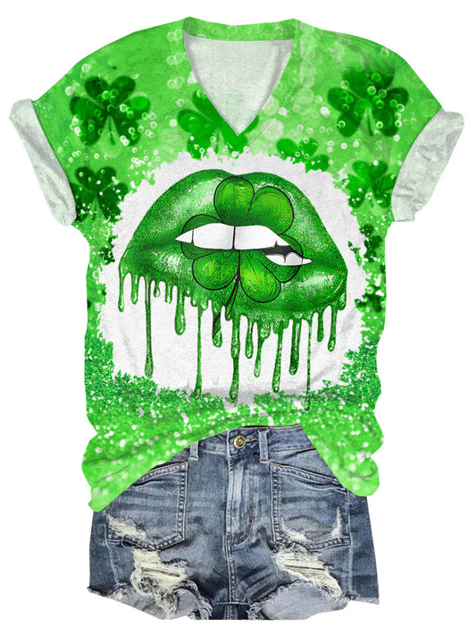 Shamrock Lips Print St Patrick's Day V-Neck Short Sleeve T-Shirt