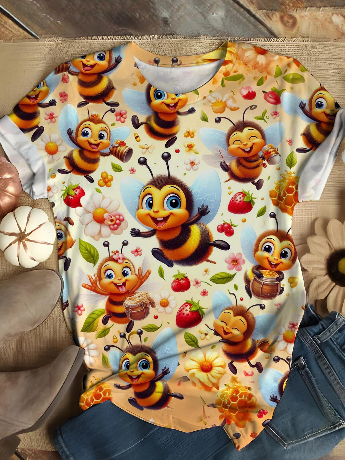 Bee Strawberry Print Crew Neck T-shirt