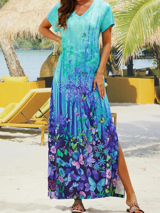 Gradient Flower Short Sleeve V Neck Maxi Dress