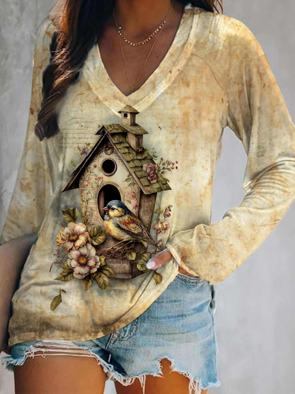 Women's V Neck Bird Print Retro Top