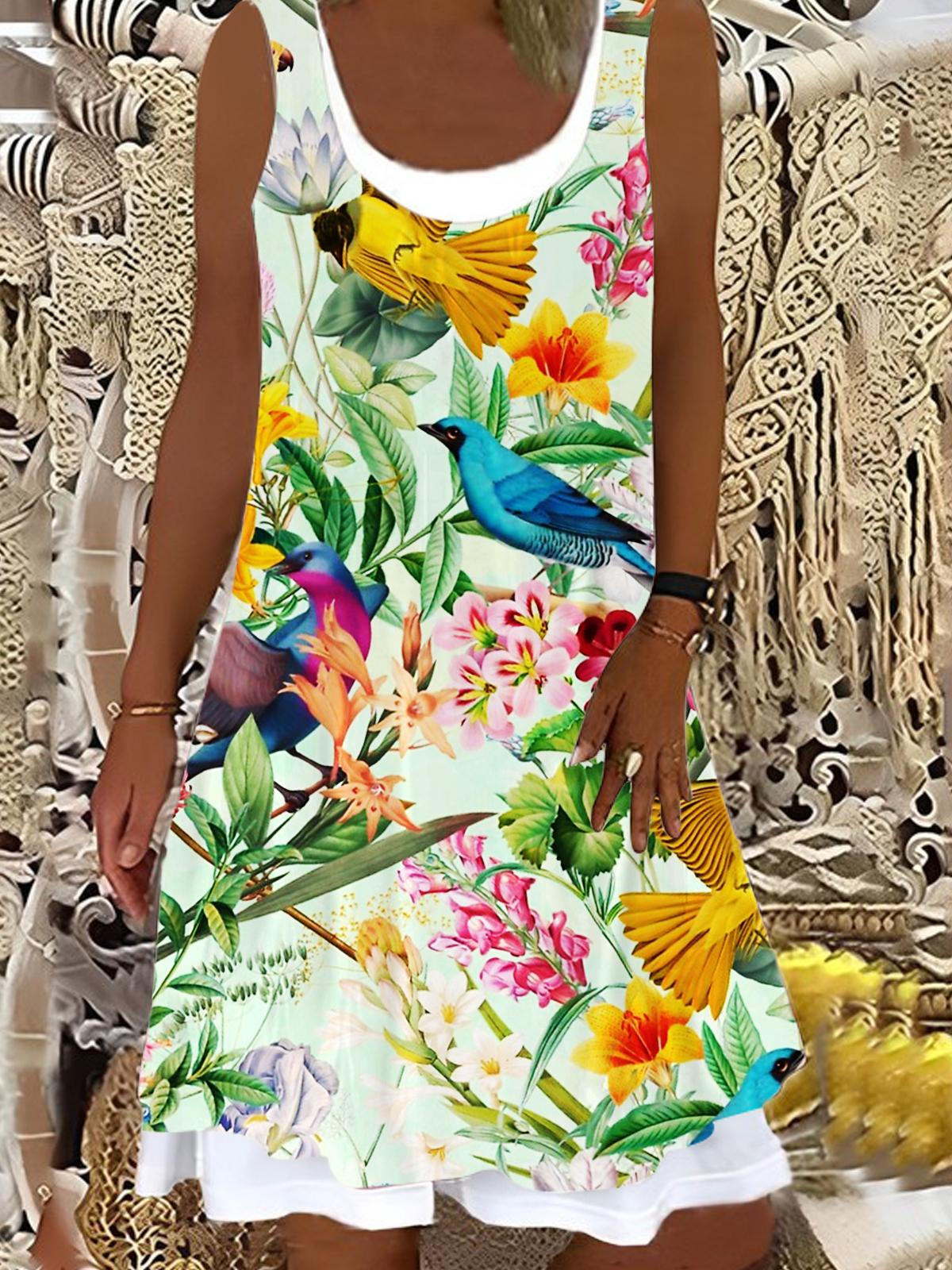 Flower Bird Ladies False Two Dress