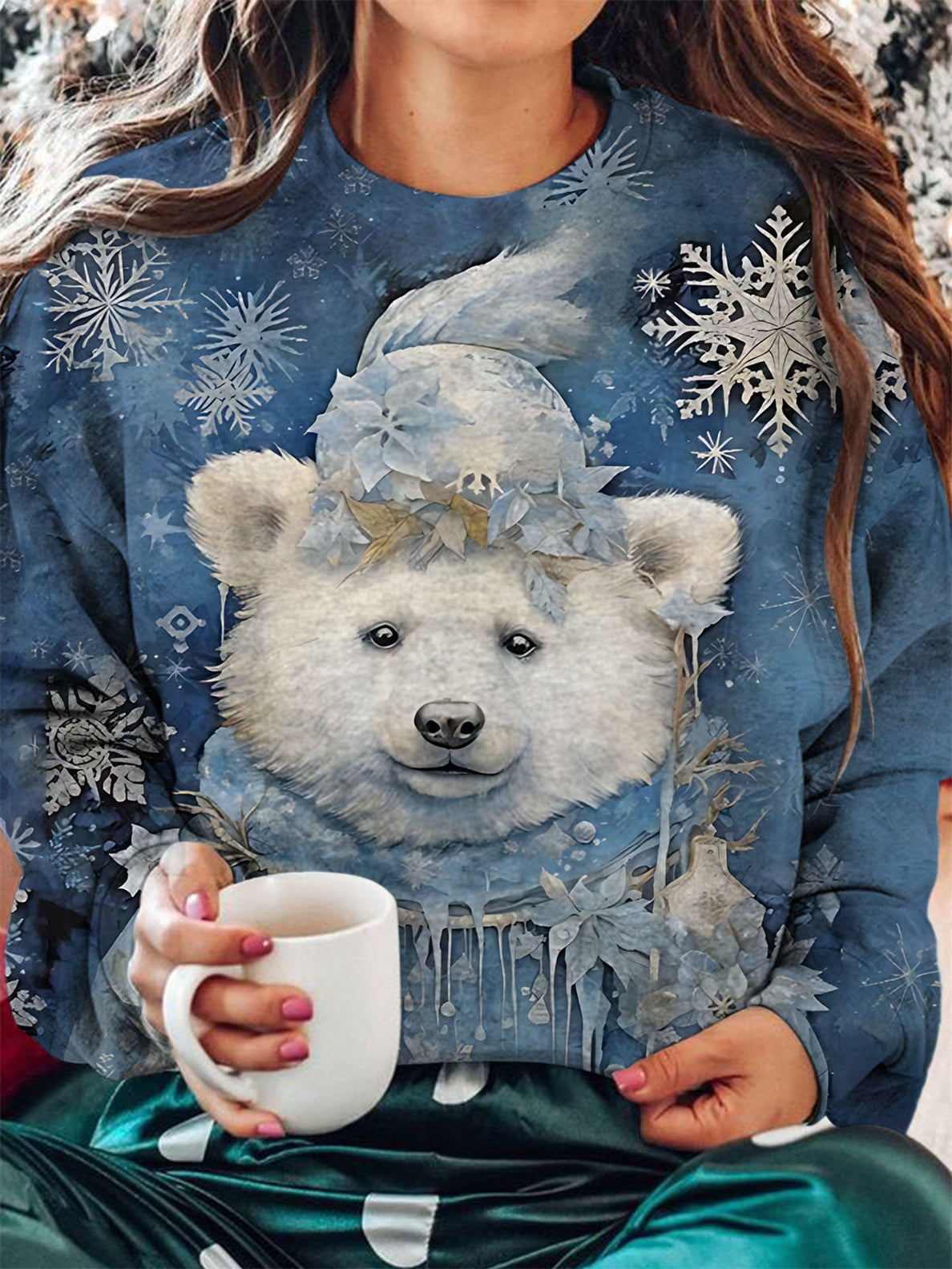 Women's Winter Bear Print Crew Neck Long Sleeve Top