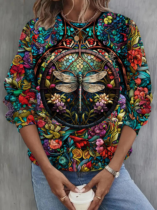 Women's Colorful Dragonfly Print Long Sleeve Top