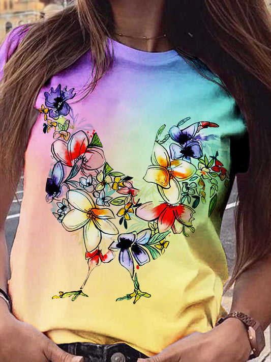 Floral Chicken Print Crew Neck Top